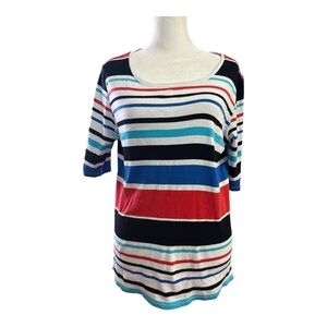 Tribal Multicolor Striped Cotton Top M Split Hem Nautical Casual Tee Stretch